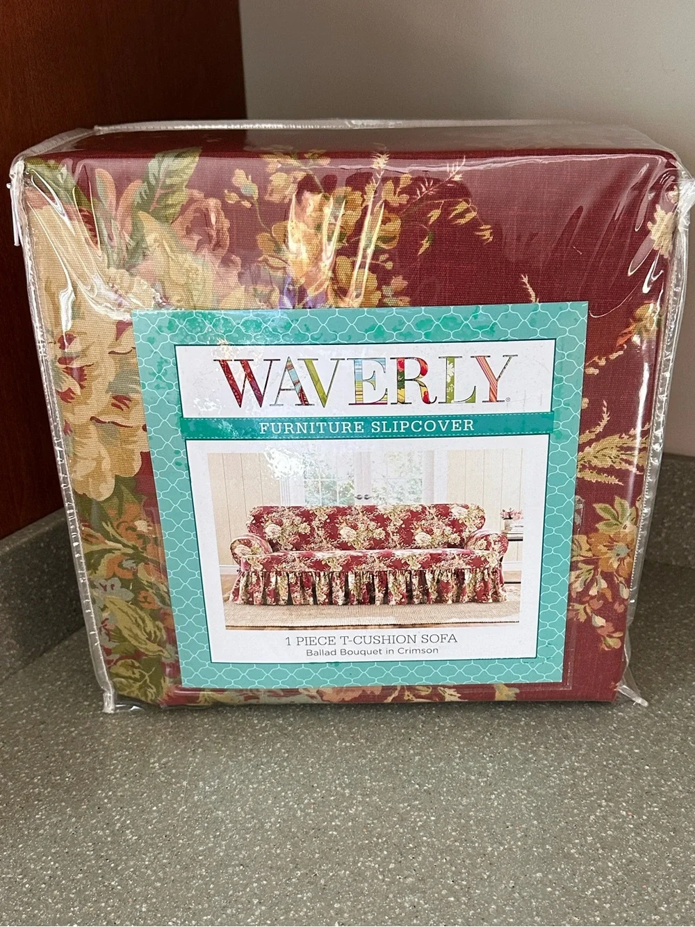 Waverly Ballad Bouquet Crimson and Gold Floral T-Cushion Sofa Slipcover